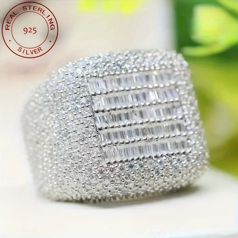 Luxury S925 Silver Rings Full Ice Out Baguette Labd Diamond Zircon Ring For Men Bustdown 14K White Gold Plated Hip Hop Jewelry