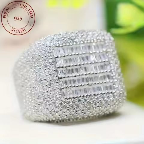 Luxury S925 Silver Rings Full Ice Out Baguette Labd Diamond Zircon Ring For Men Bustdown 14K White Gold Plated Hip Hop Jewelry