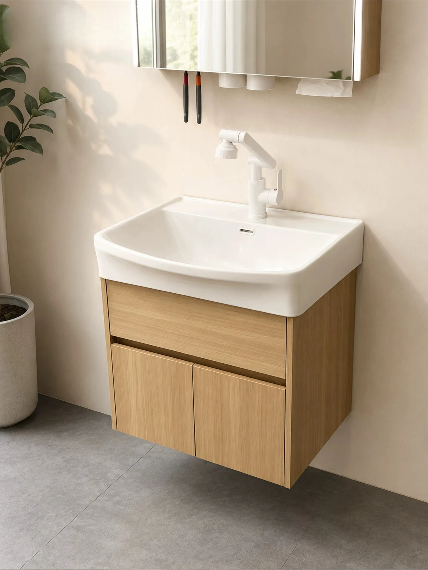 Log Wind Big Belly Basin Bathroom Cabinet Ceramic Integrated Basin Japanese-style Small Apartment Hand Wash Basin Cabinet