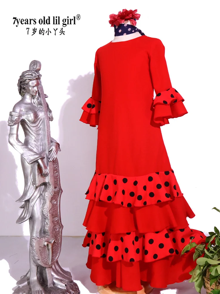 Conjunto de Vestido Flamenco Feminino, Saia e Cachecol, Saia de Prática, Roupa Infantil, Espanhol, 2B01