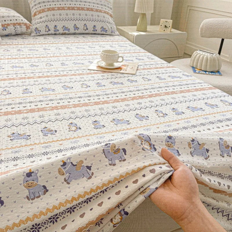 Korean Style Cotton Double Gauze Flat Sheet Cartoon Print Soft Skin‑Friendly Single Bed Sheet for Student Dorm Home Bedroom