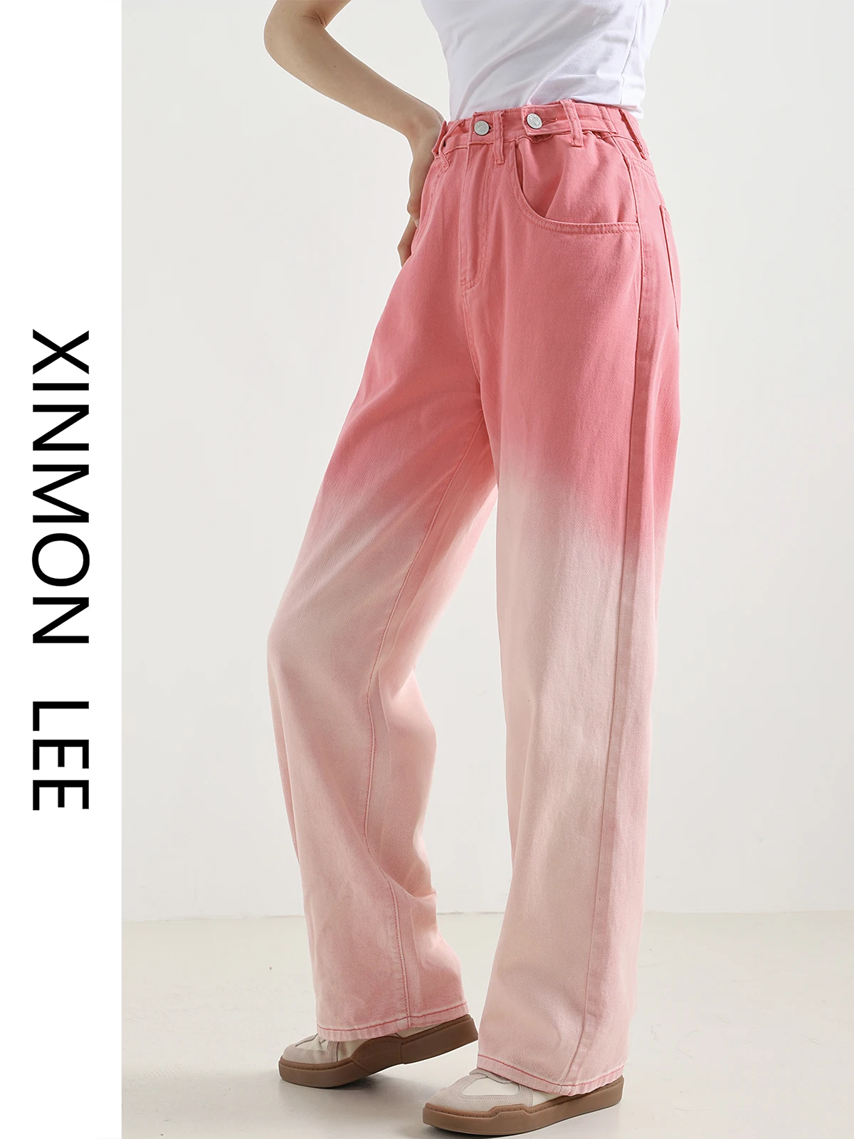 

Джинсы с широкими штанинами и градиентным цветом, с высокой талией, свободного кроя, летние, тонкие, прямые, из денима, с молнией на талии