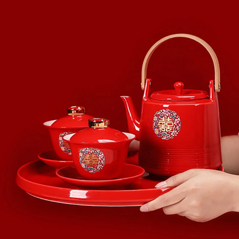 Chinese Red Ceramic Tea Set, Teapot, Gaiwan, Serving Tea Tray, Wedding Party Souvenir Gift, Porcelain Supplies