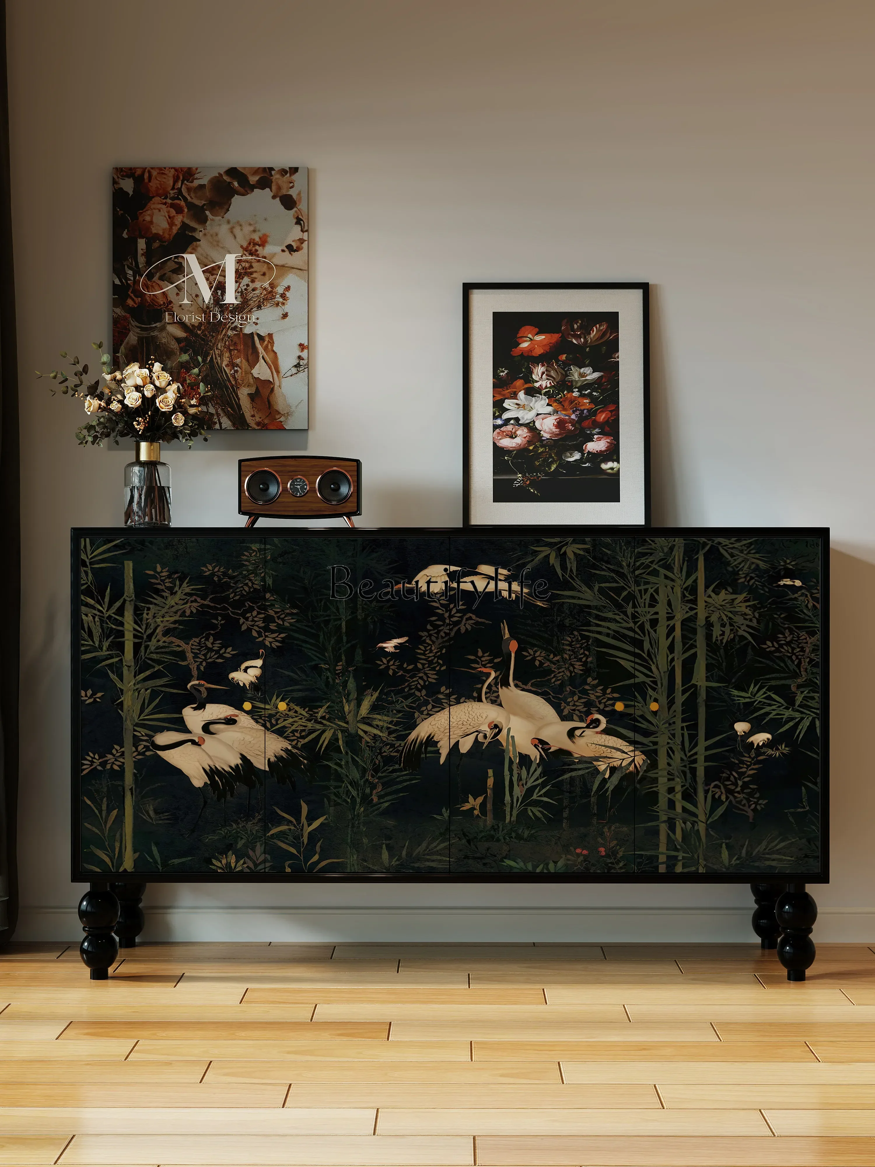 

BJ A French Style Mid-Ancient Light Luxury New Chinese Style Locker Shoe Cabinet Dining Side Solid Wood Storage Entrance Cabinet