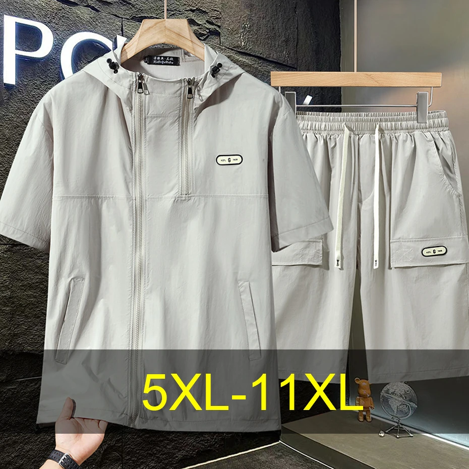 

11XL Plus Size Summer Tracksuits Men Summer Zipper Sets Fashion Casual Quick Drying Hooded Shirts Shorts Suits Male Big Size