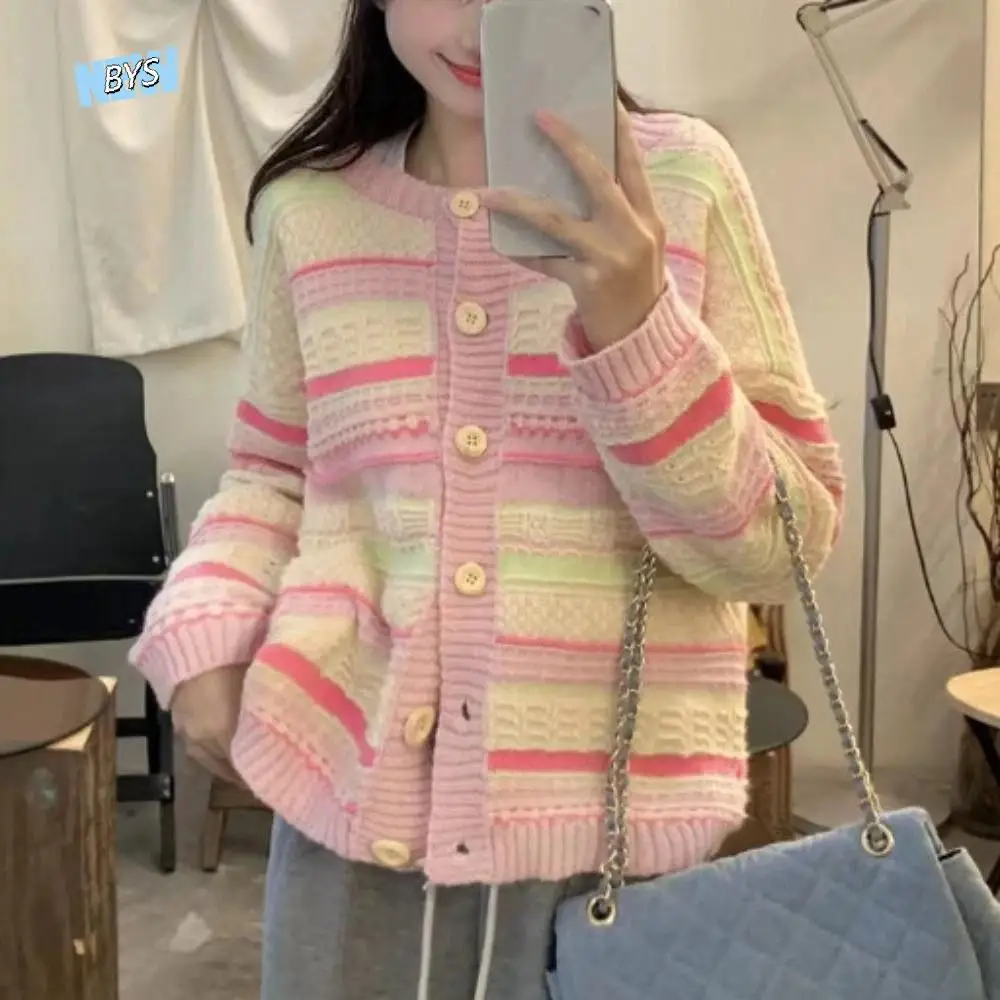 

Spring Long Sleeve Stripe Crochet Sweaters Loose Korean Sweet Knitwear Ladies Top Autumn Spring Cardigans Women Y2K Female
