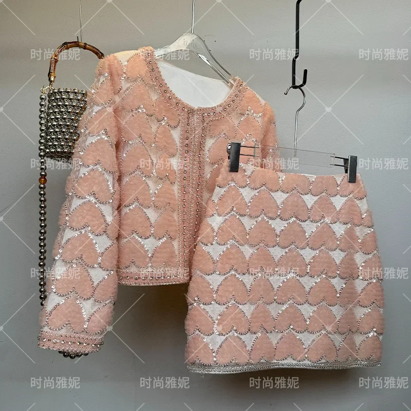 2024 Autumn New Heavy Industry Sequined Beads with Diamonds Peach Heart-shaped Temperament Short Coat Women Fashion Skirt