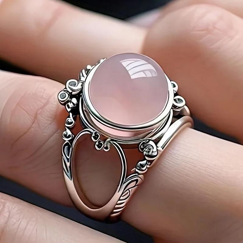 Huitan Vintage Pink Beads Rings for Women Antique Silver Color Sweet Female Daily Party Finger-ring Fancy Gift Retro Jewelry