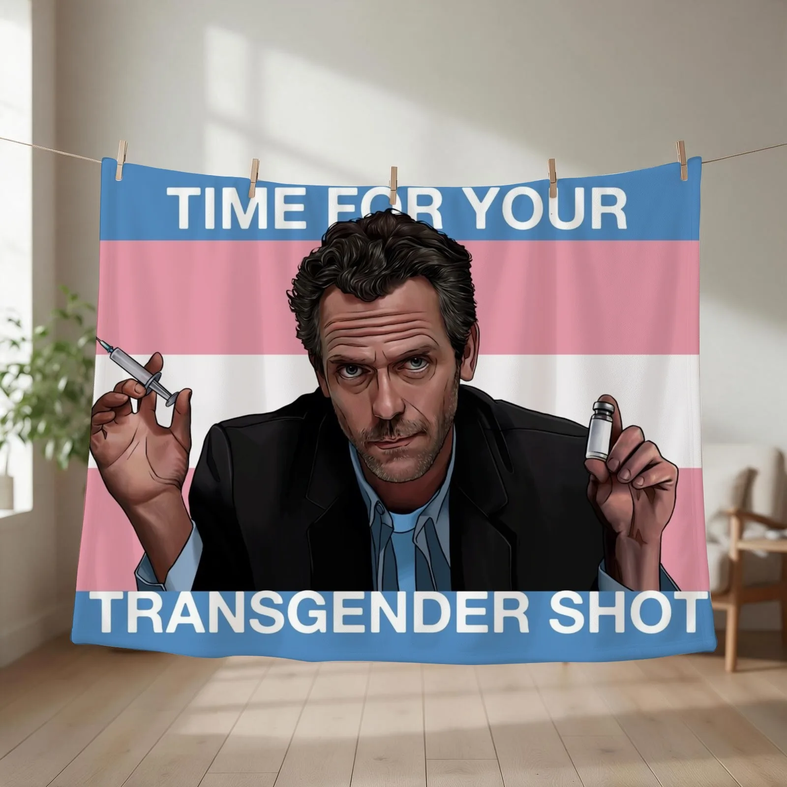 Dr. House Trans Flag Throw Blanket couch cozy soft plush fuzzy picnic outdoor blanket