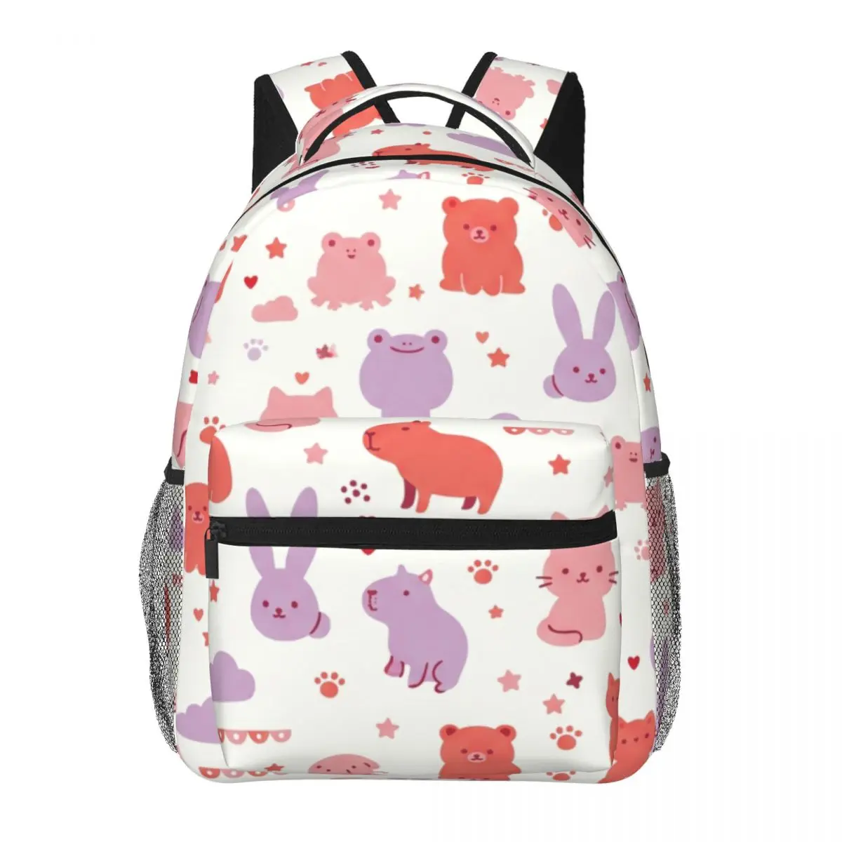 Cute Animal Print Backpack Allover Cat Bunny Bear Frog Preppy School Pink White Girls Bookbag for Valentine Birthday Daily Love