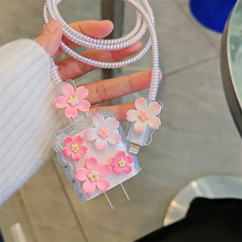 Pink Gradual Change Flower Clear Silicone Charger Case For IPhone 11 12 13 14 15 18W-20W Charge Protection Cover Charger Sleeve