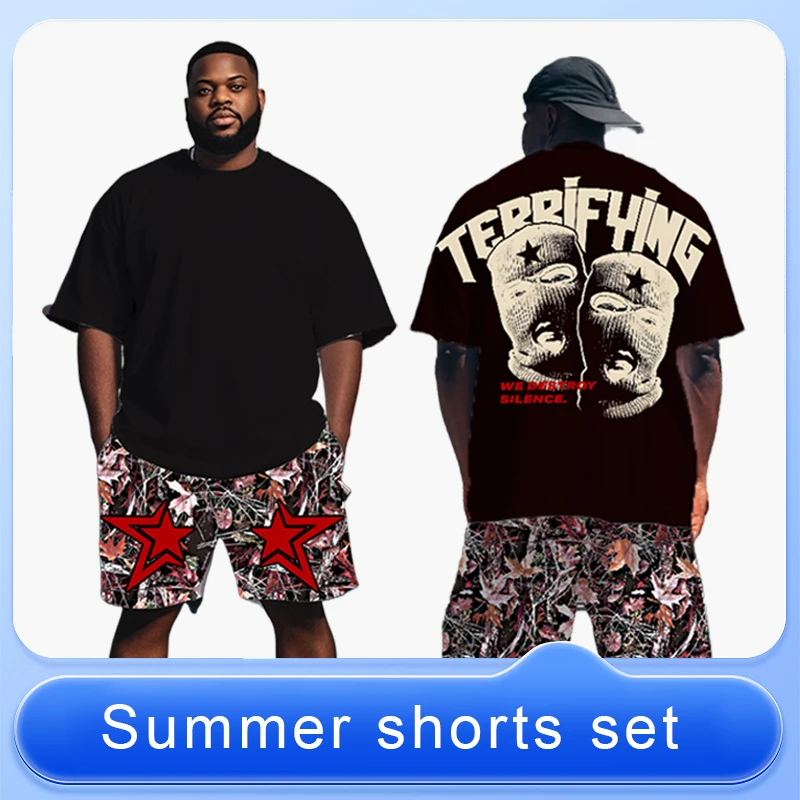 

S-9XL Men's Large Size Hip-Hop Short-Sleeved T-Shirt Shorts Two-Piece Set