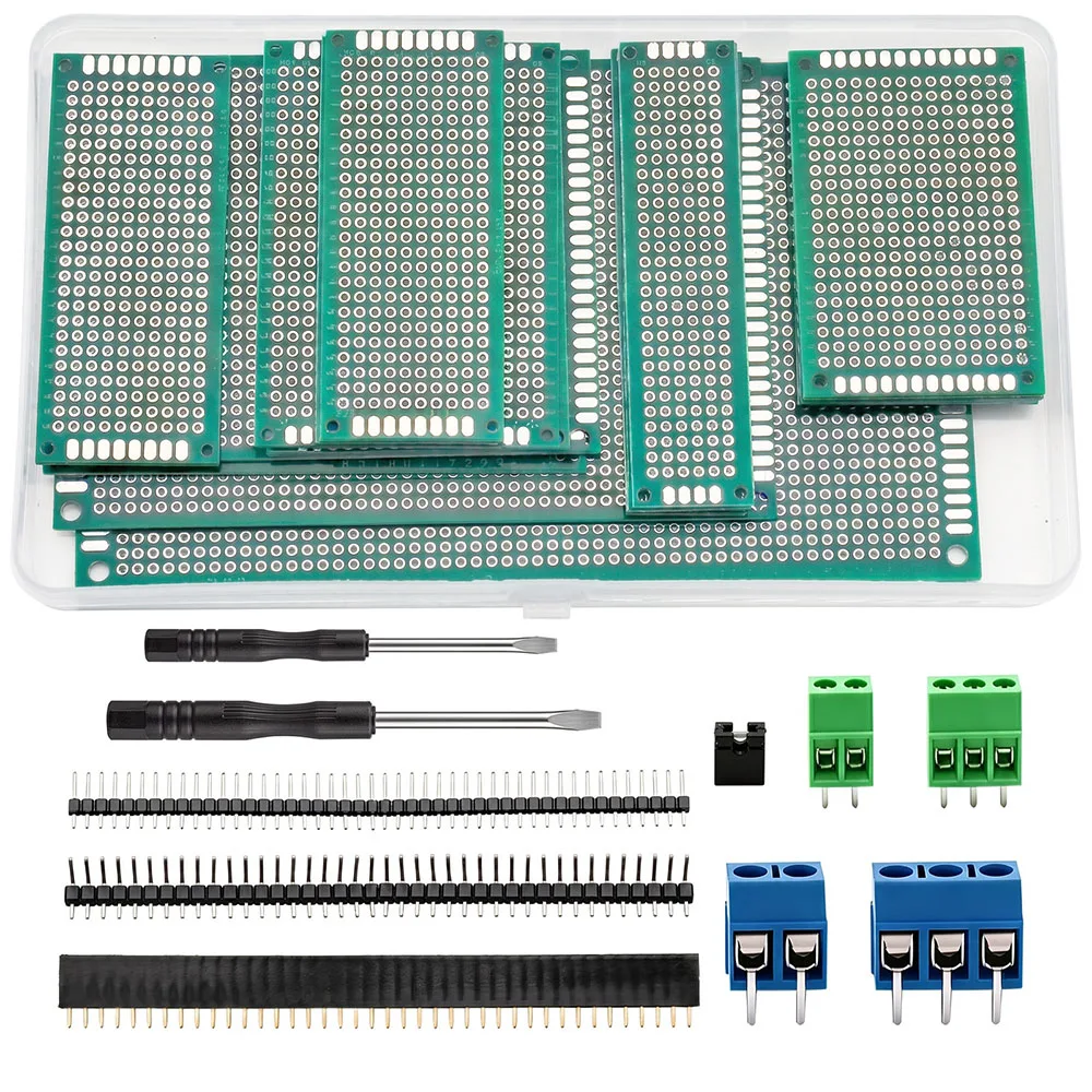 169Pcs Double Sided PCB Prototype Circuit Board Kit with 40 Pin Single Row Male and Female Headers Screw Terminal Blocks DIY Set