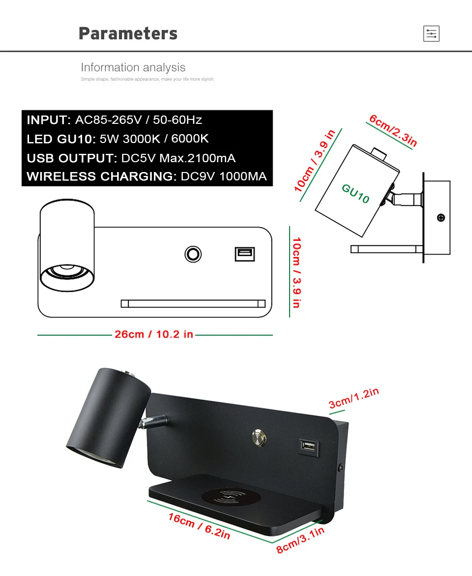 FÜHRTE Wand licht Innen Lesen Wand lampe Handy Drahtlose Lade und USB Lade Wand lichter Schlafzimmer Nacht lampen – Detail 7
