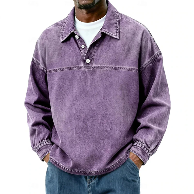 Fashionable Lapel Polo Shirts Mens 2026 Fall Lapel Long Sleeve Pullover Vintage Solid Color Loose Fit Breathable Jean Shirts Men