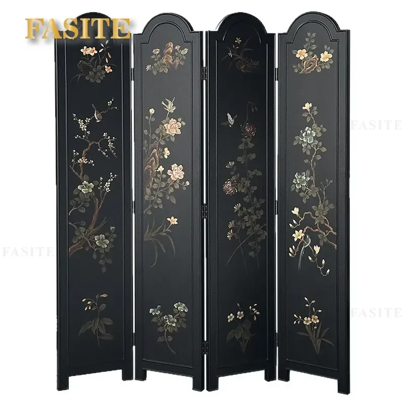 For Home Living Room French Medieval Style Folding Screen Partition Retro Lacquer Painting Hollow Design Mobile