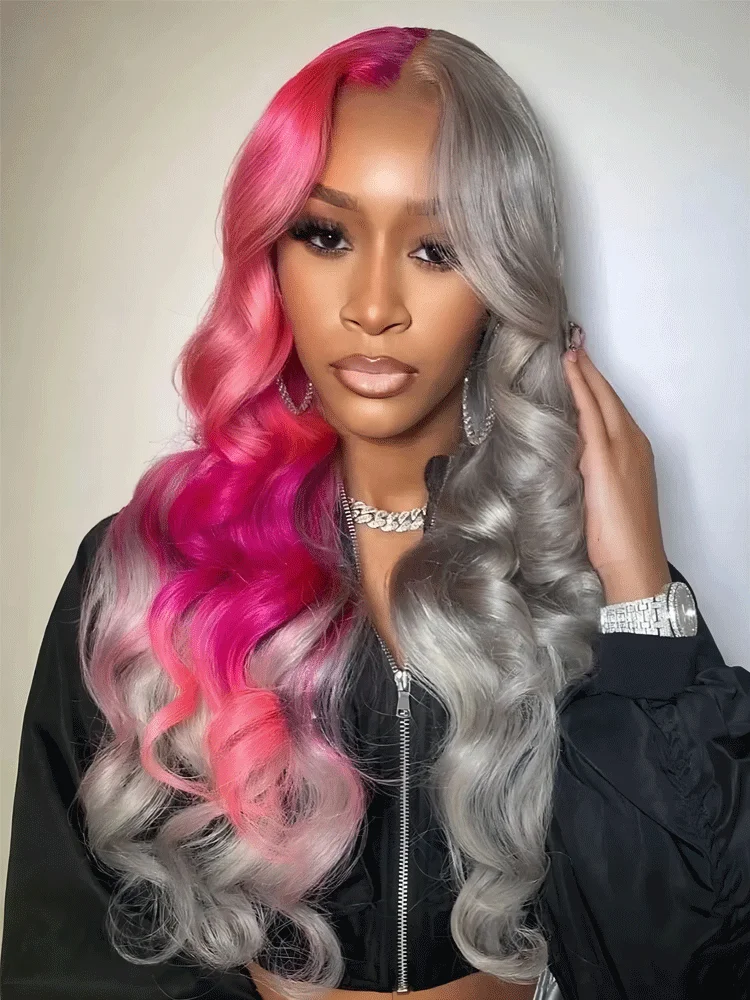 Pink Splice Silver Body Wave Lace Front Brazilian Synthetic Hair Wig 180% Body Wave 13x4 Transparen Lace Frontal Wig For Women