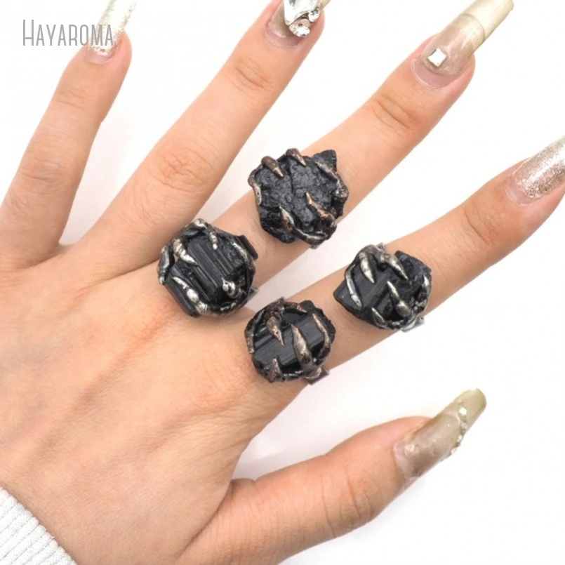 10Pcs Black Tourmaline Brutalist Organic Claws Bubble Dragon Claw Free Form Nugget Thorns Ring RM50054