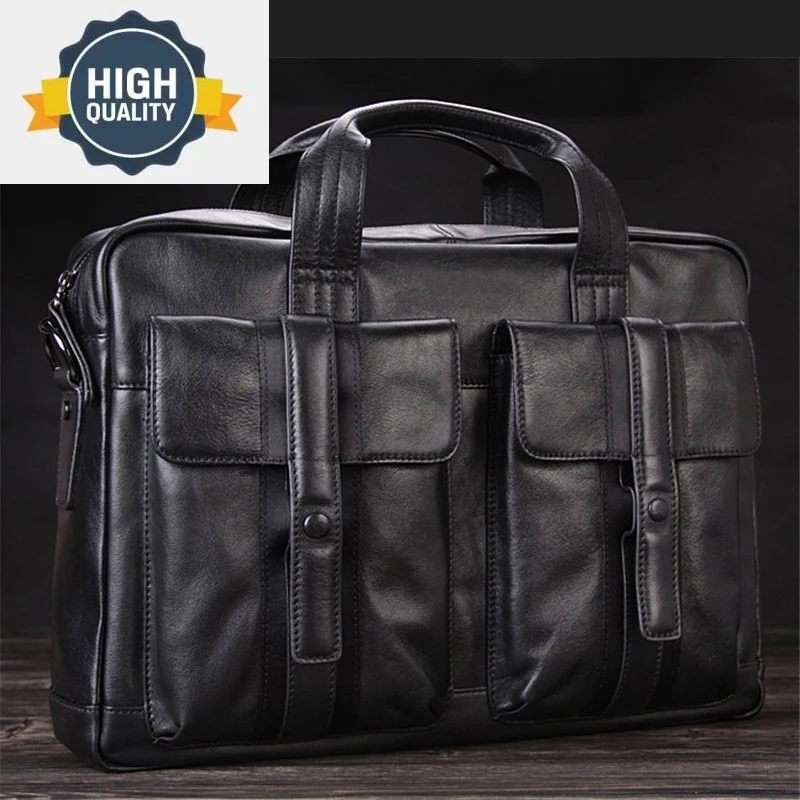 Maletines de cuero genuino de alta calidad para hombre, bolso de oficina, bolso de negocios para hombre, bolso de hombro para ordenador portátil de 15 ", color negro