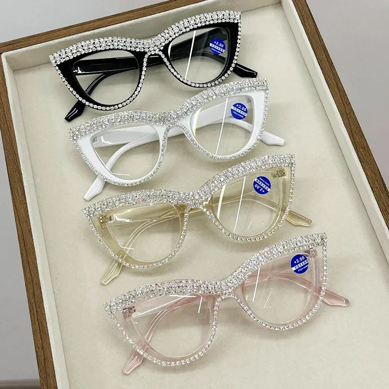 Personalized Diamond Encrusted Reading Glasses Women Retro Cat Eye Luxury Simple Presbyopia Glasses Blue Light Blocking Glasses