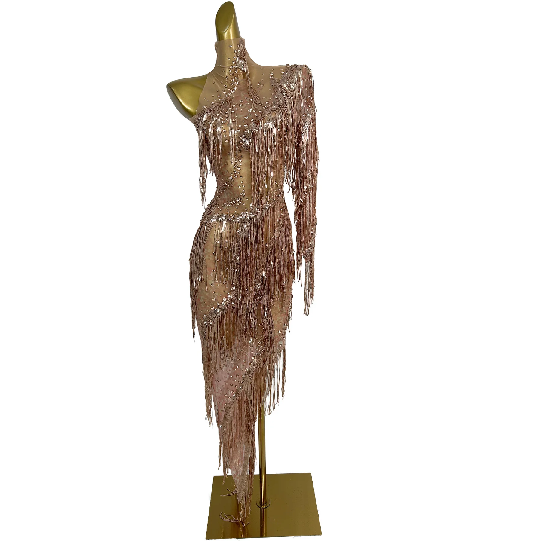 Liulang Nude Mesh Rose Gold Fringe Dress with Rhinestone Embellishments and Asymmetrical Hem for Stage Performances