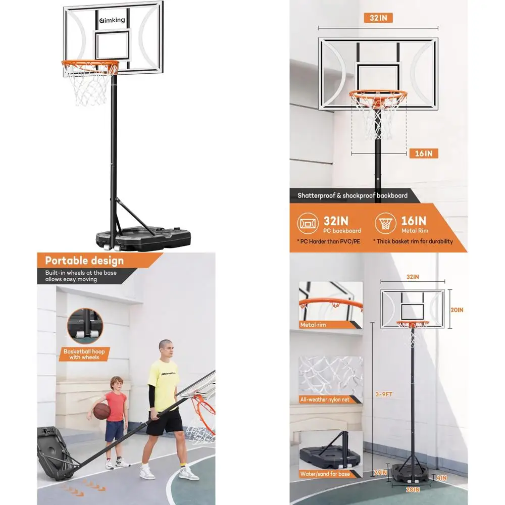 

Portable Adjustable Basketball Hoop for Kids, Teens, and Youth - Outdoor 3 to 9 Feet Height, Suitable for Backyard Play