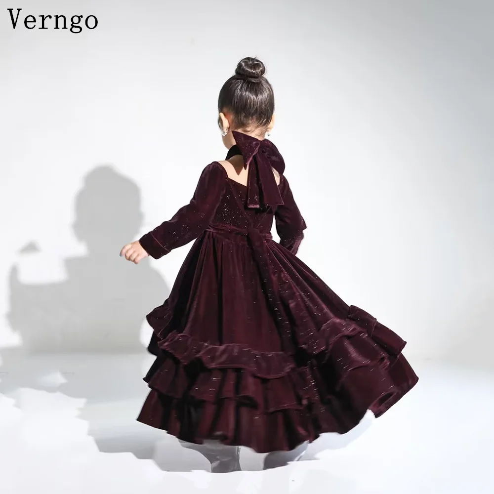 Verngo Brown Velvet A Line Girl Flowers Dress Halter Full Sleeves Birthday Party Dresses Elegant Princess Party Gown Customized