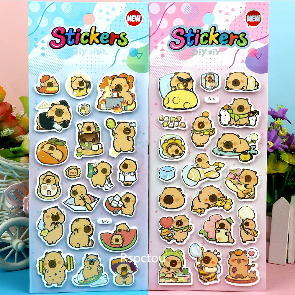 Pegatinas hinchadas 3D de capibara divertidas, calcomanía de burbujas de animales, juguete impermeable, papelería DIY, portátil, pegatina de recompensa de dibujos animados, 6 uds.