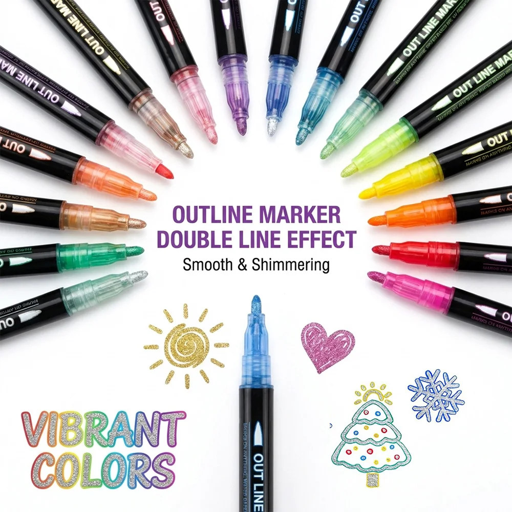 8/12/24/36/48 Colors Dual Line Outline Marker DIY Crafts Artistic Creation Stone Ceramics Marking Outline Pen School Office Tool