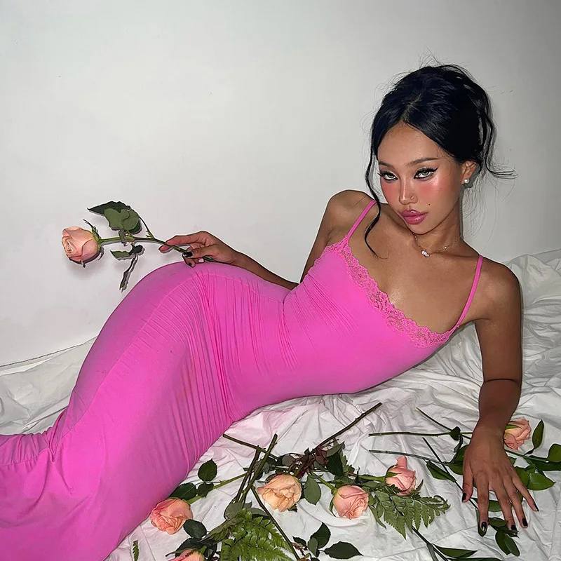 Robe longue d'été en dentelle pour femmes, couleur unie, décontractée, col licou, bretelles