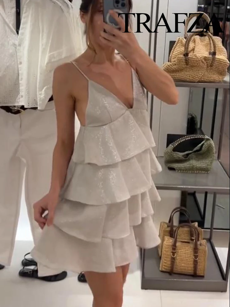 

HH Women 2025 Summer New Fashion Slim Layered V-Neck Sleeveless Mini Dress Female Elegant Sexy Backless Zipper Sling Dress