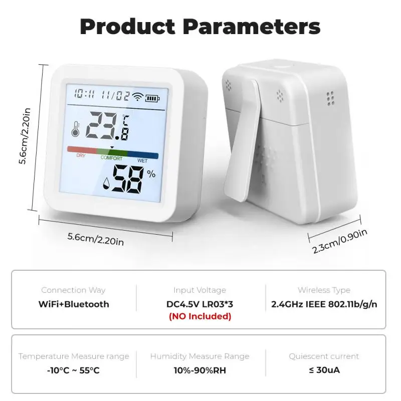 Sensor inteligente de temperatura y humedad, higrómetro Wifi a través de Alexa, Google Home, Control de retroiluminación, termómetro, pantalla LCD