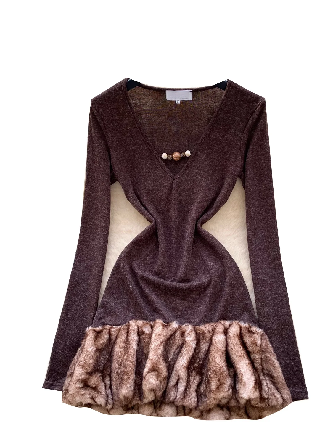 Vestido Retro de Manga Longa com Decote em V e Design de Corte em Camadas para Mulheres, Saia Curta em A com Cintura Alta par...