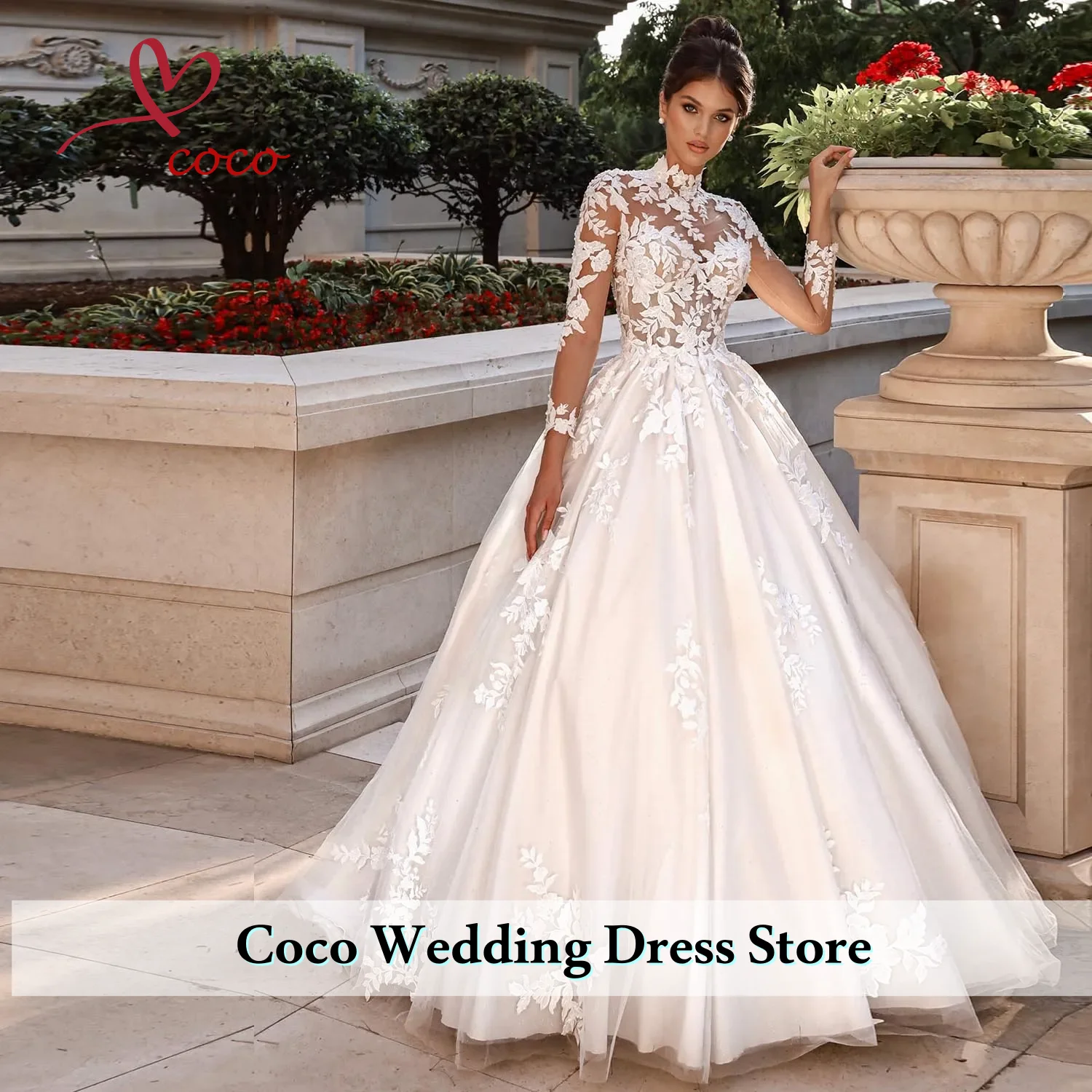 Customized Exquisite Appliques Sweep Train Ball Gown Wedding Dress Design High Neck Long Sleeve Bridal Gown Vestido De Novia