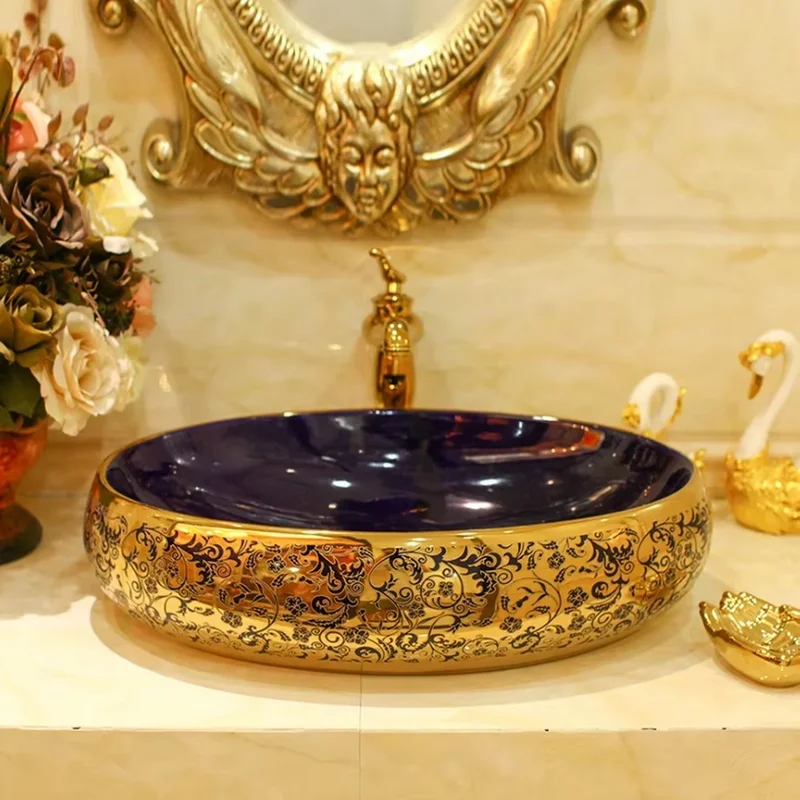 Modern Advanced Retro Luxury Above counter basin wash ceramic bathroom art oval blue gold glittering