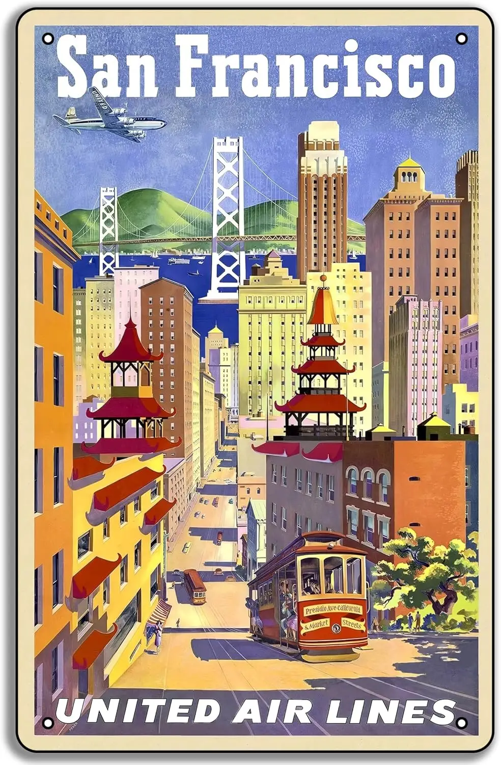 San Francisco Vintage Travel Poster Metal Tin Sign  – Retro 1950s Art, Golden Gate Bridge Poster, Californi