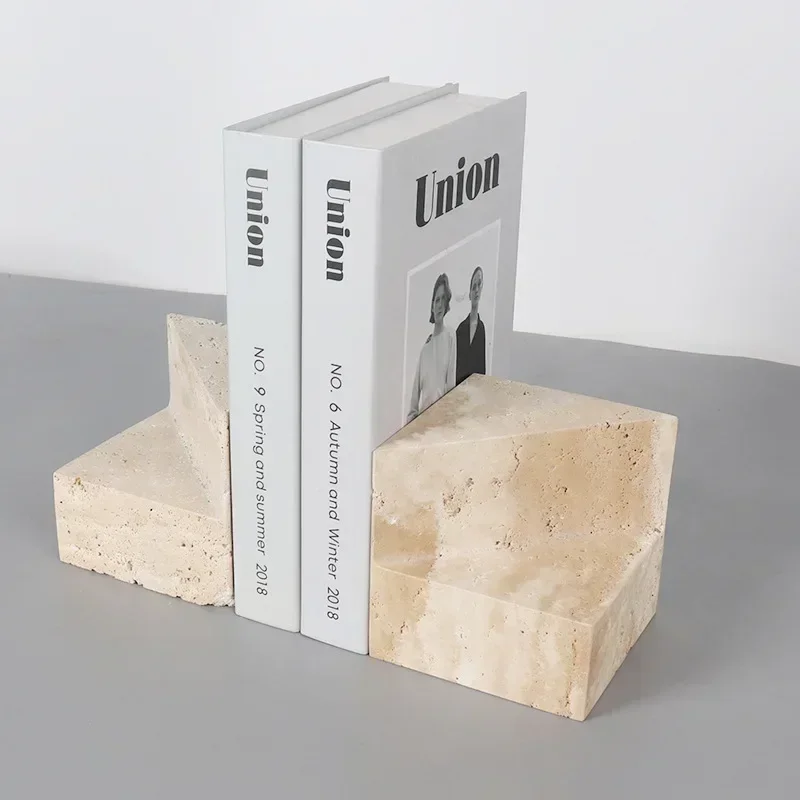 Natural Yellow Beige Travertine Marble Stone Bookends Book File Home Desktop Ornaments