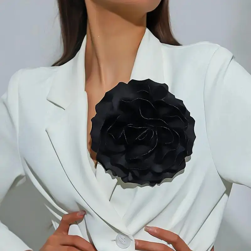 One Piece Large Black 3D Flower Chest Brooch - Personalized, Versatile Satin Pin for Women