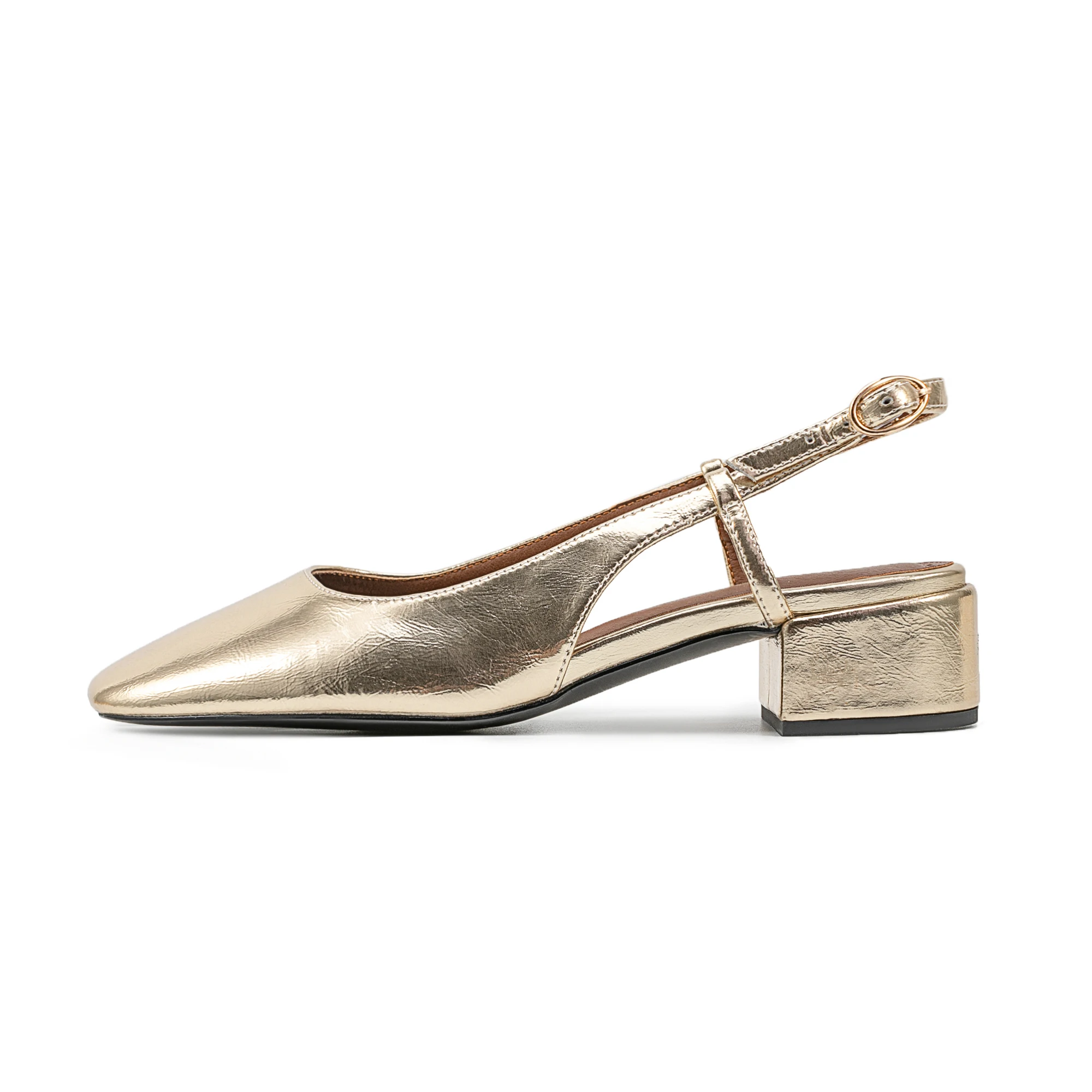 

Arden Furtado 2025 Summer Metal cowhide Square toe Shallow Rear trip belt Back Strap Middle heel Closed toe Sandals large size