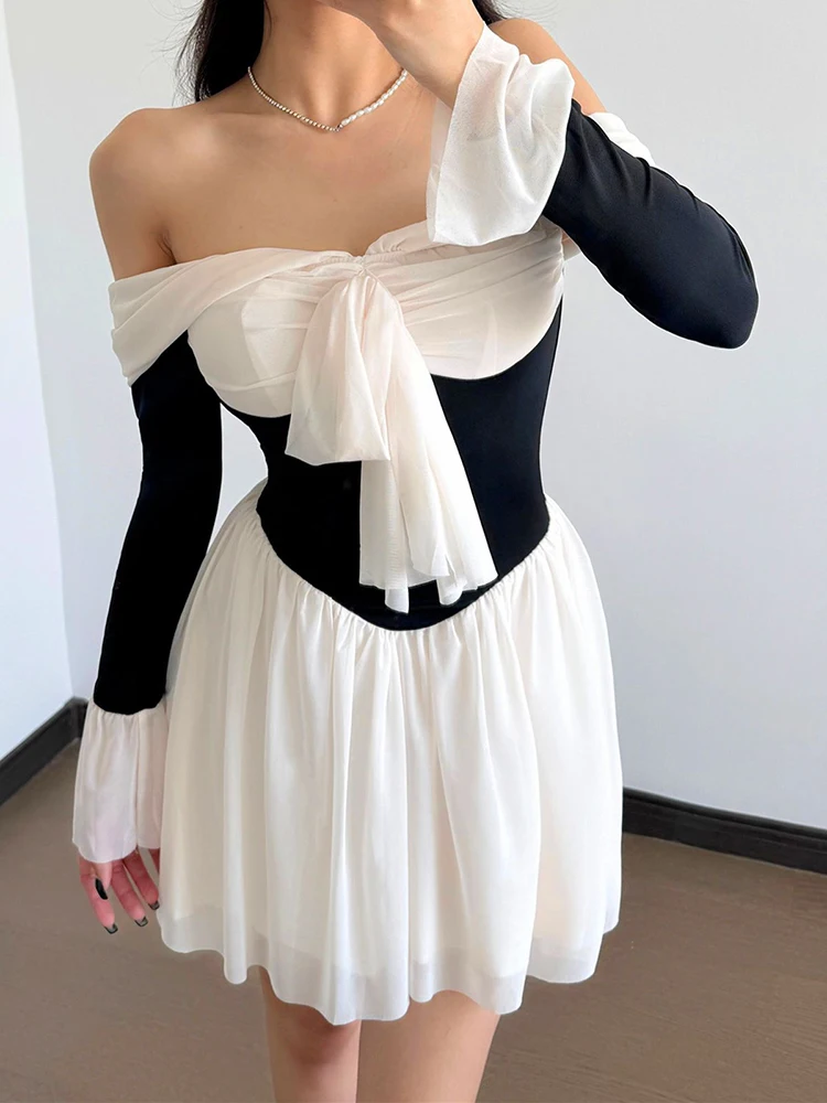 

JULISSA MO Patchwork Sexy Off Shoulder Bandage Women Dress White Long Sleeve Mini Dress Autumn Slim Elegant Party Evening Dress