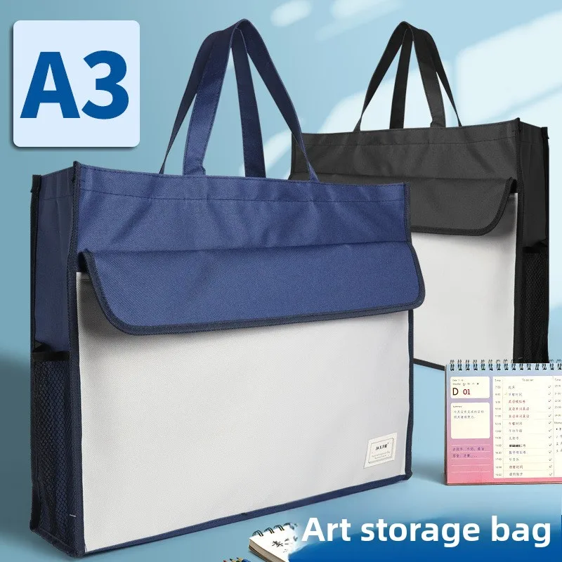 A3 Art Portfolio Bag Canvas Zipper File Folder with Shoulder Strap Wide Bottom Double Layer Storage for Sketch Paper Paint