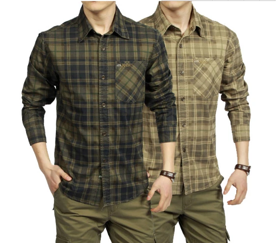 Spring Autumn Casual Men Shirt 100% Cotton Long Sleeve camisetas masculinas Plaid Shirts Army Green Khaki Clothing A0749