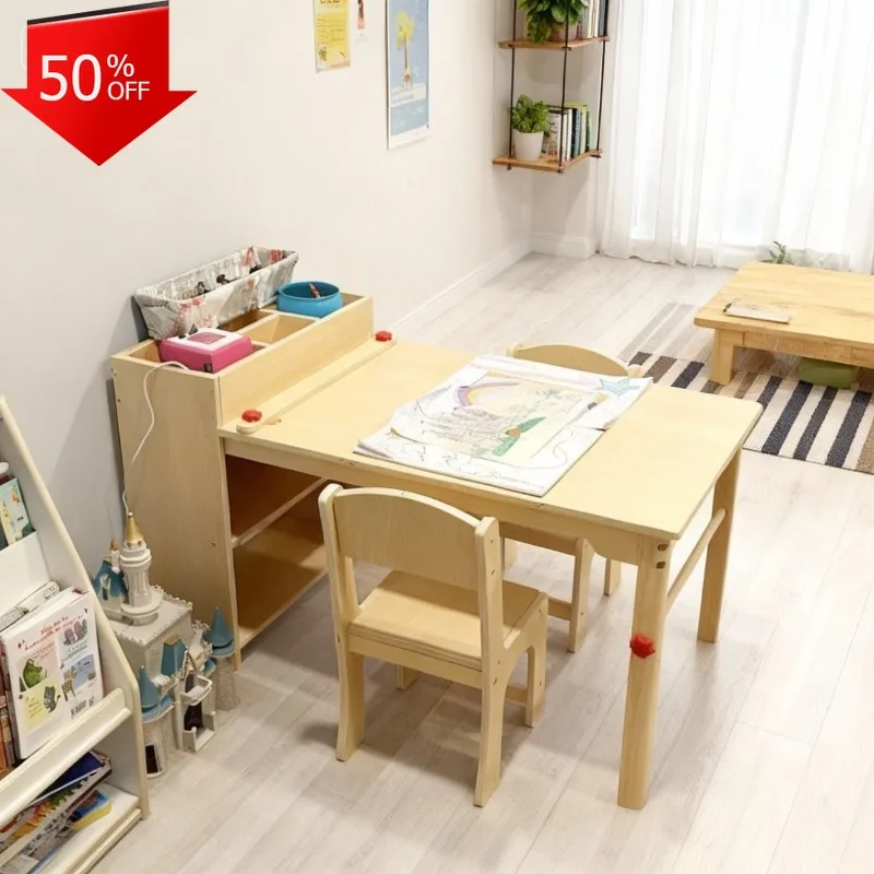 

Kids Art Table and Chairs Set Craft Table with Large Storage Shelves Drawing Desk Activity Study Wooden Children's Furniture