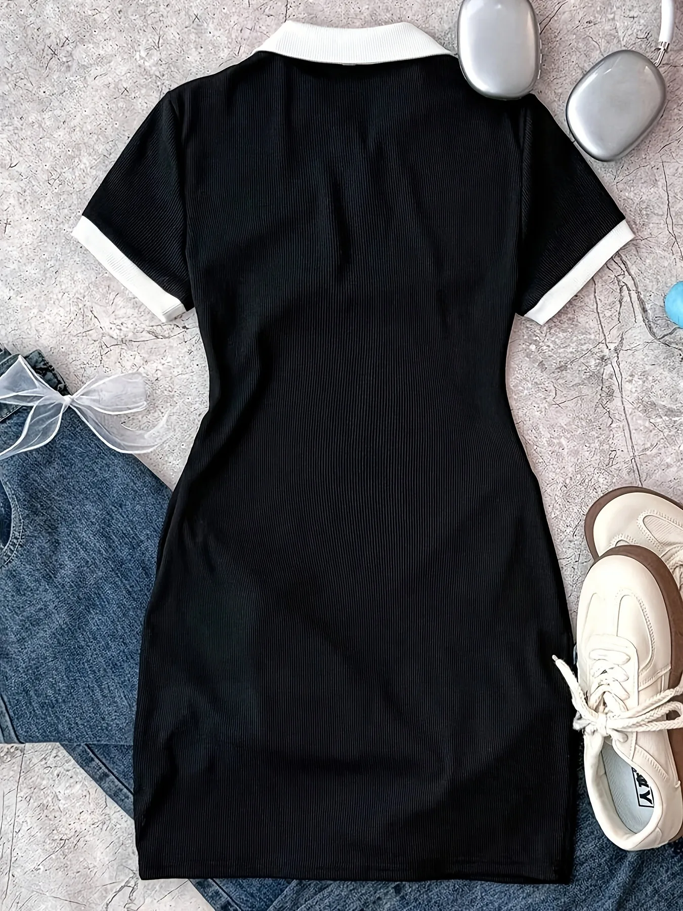Stretchy Kids Girls Single Piece Polo Dress, Color Block Collar Short Sleeve Bow Pattern Fitted Mini Dress for School Daily Outd