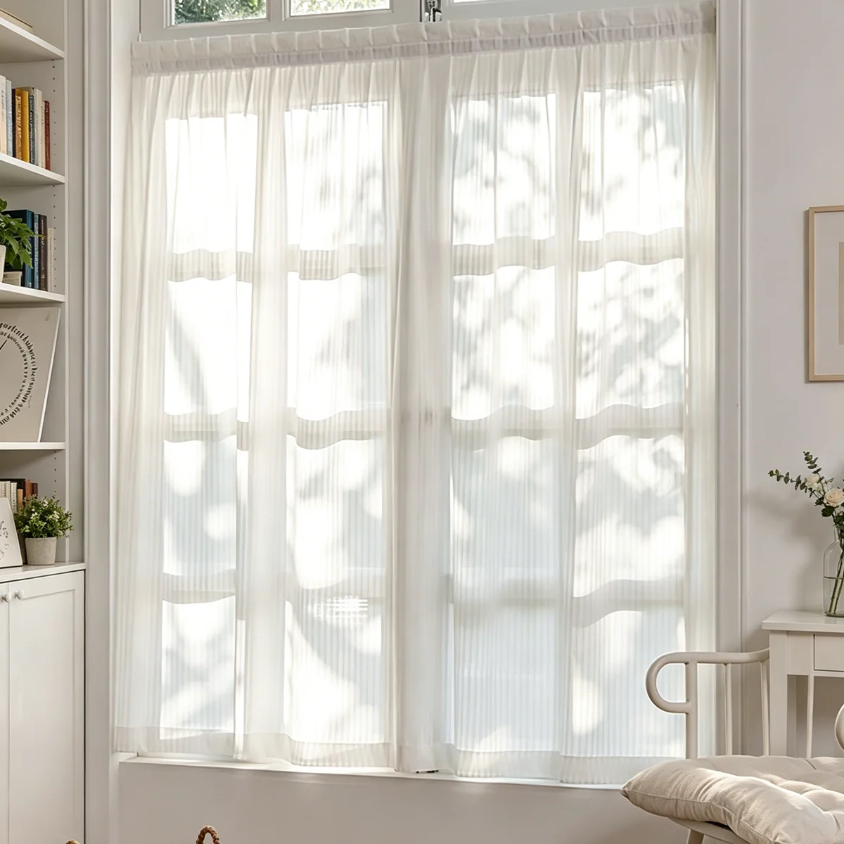 1 Panel White Vertical Stripe Sheer Curtain, Self-Adhesive Hook & Loop Light Filter Voile Drape, Short Transparent Window Sheer