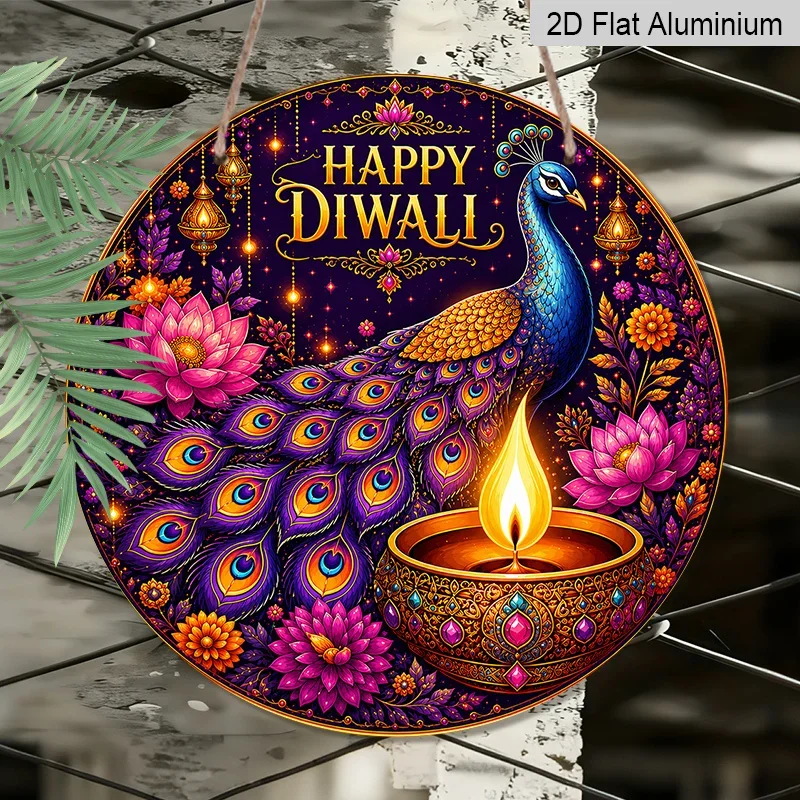 CIFBUY Boho Happy Diwali Peacock Rooster Diya Lotus Sign, Aluminum Wall Art Waterproof Wear Resistant Round Metal Plaque for Fro