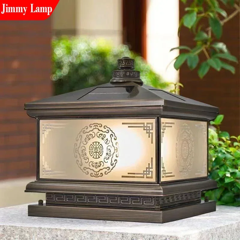 Outdoor Solar Wall Lamp Retro Chinese Brass Column Light LED Waterproof IP65 Home Villa Courtyard Entrance Post Lighting System