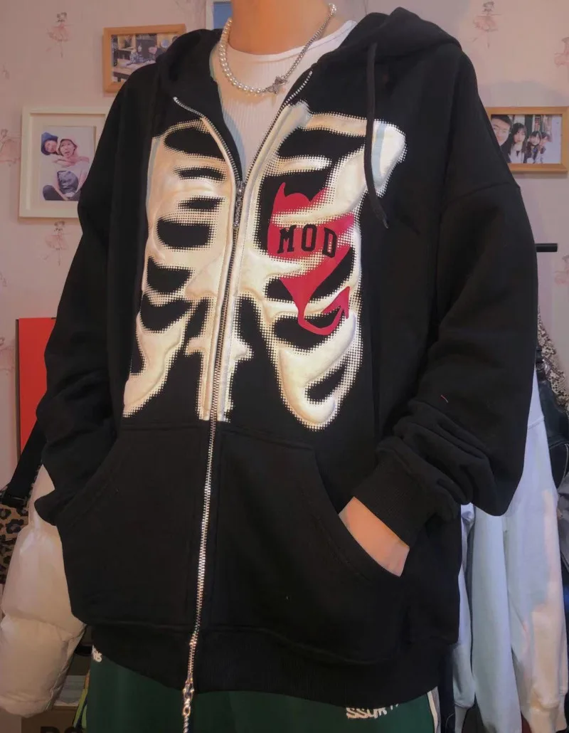 Sudadera con capucha para hombre y mujer, chaqueta de manga larga con cremallera y estampado de esqueleto Punk Vintage de los 90, estética gótica, otoño e invierno, 2000