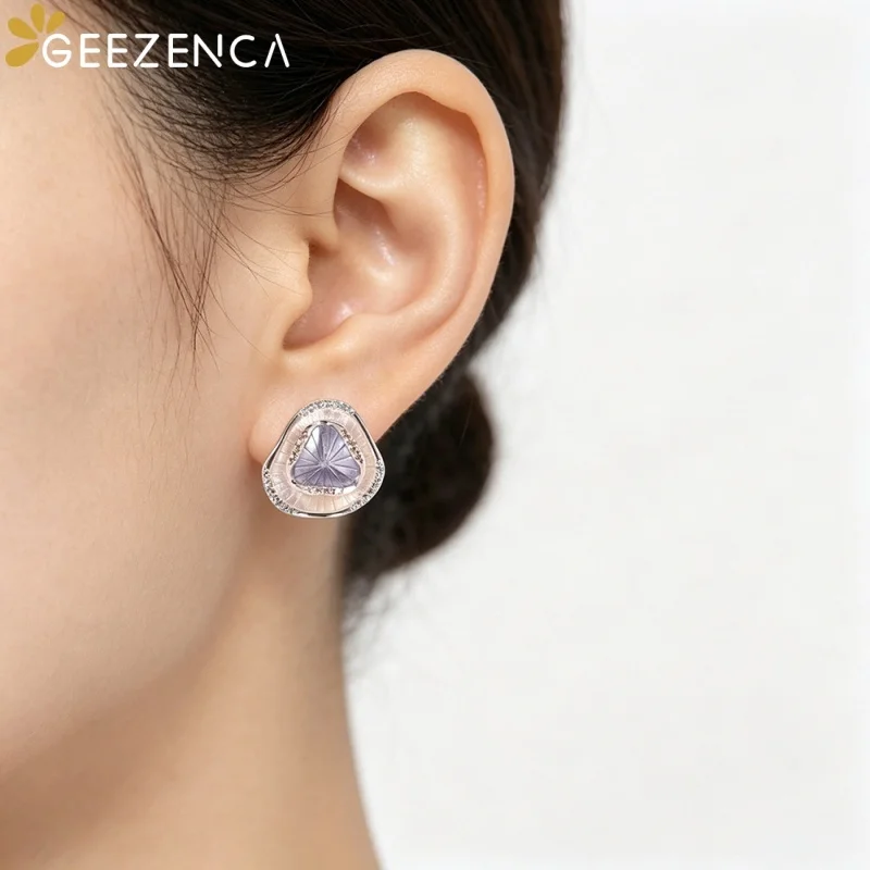 GEEZENCA Cubic Zirconia 925 Sterling Silve Chic Lotus Leaf Stud Earrings Women Enamel Dainty Trendy Statement Earring Party Gift