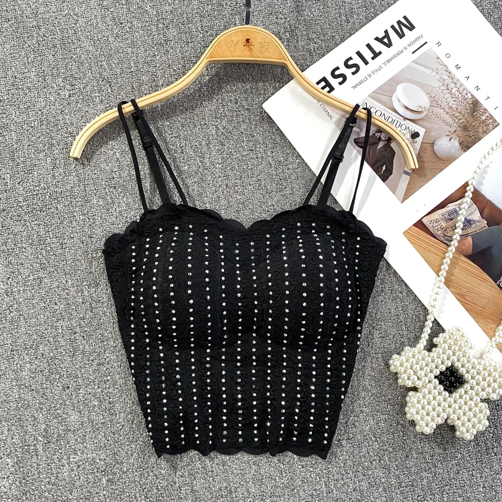 French Chic Spaghetti Strap Tank Top for Women Sequined Strapless Backless Camisole Built in Bra Ladies Hot Camis Dropshipping